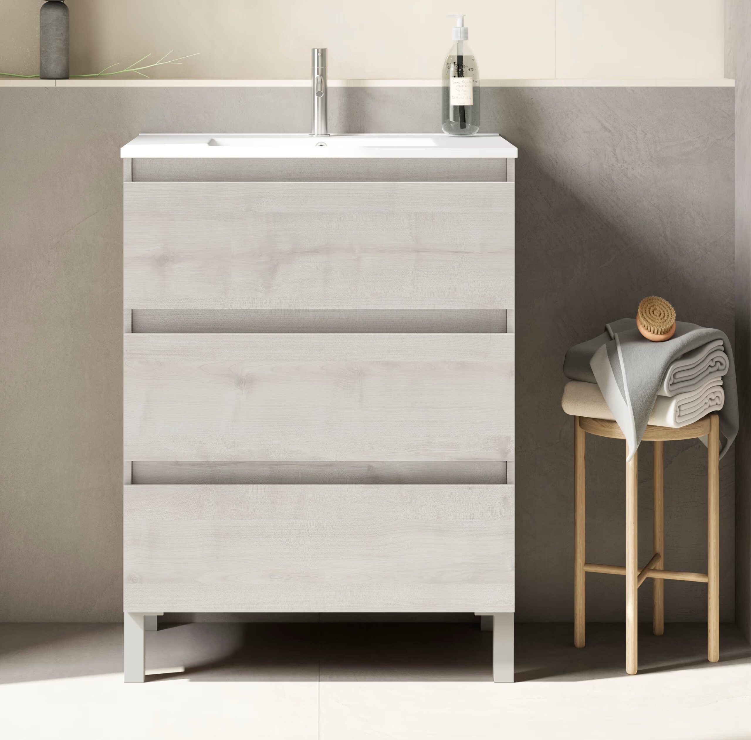 BOX BAJO + ENCIMERA PORCELANA 3C A SUELO 60CM ABEDUL F. REDUCIDO - Imagen 2