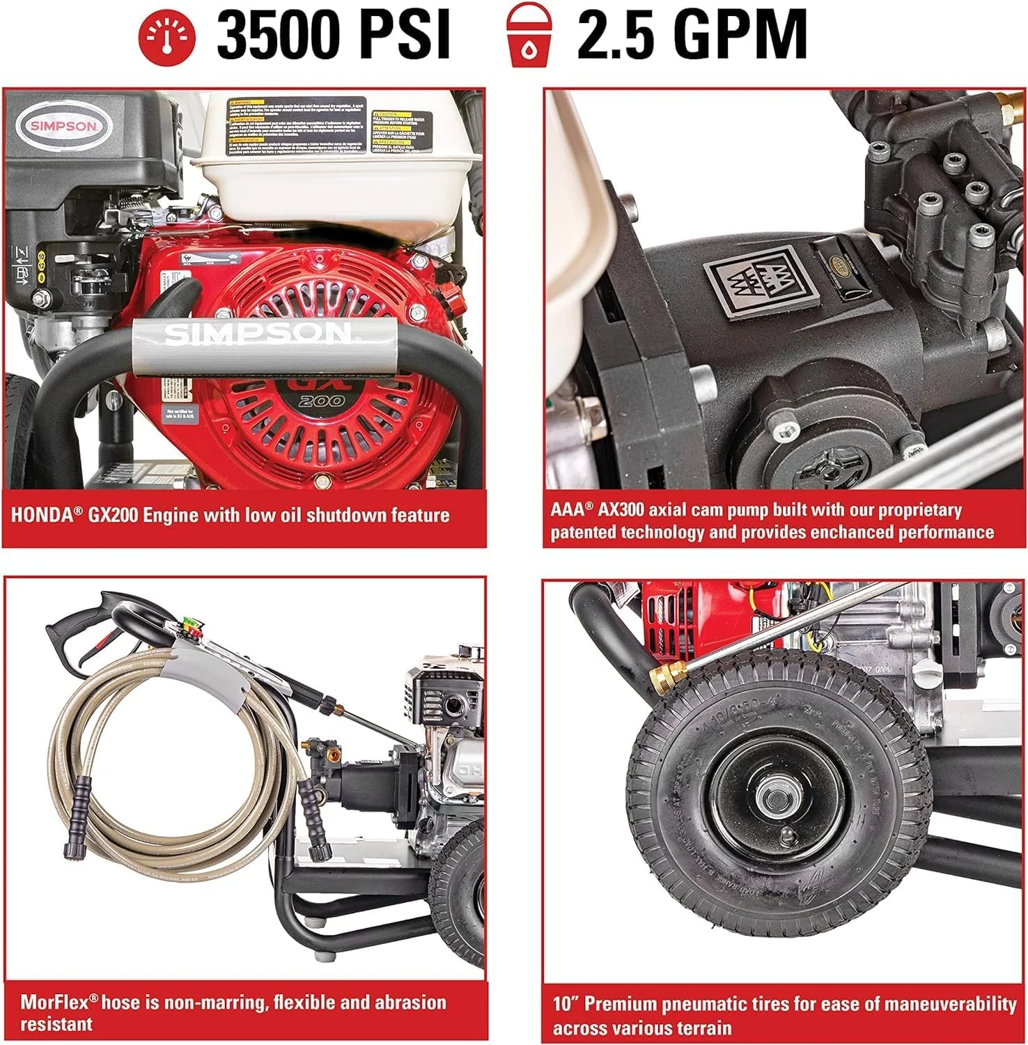 HIDROLAVADORA A GASOLINA DE 3500 PSI A 2.5 GPM CON MOTOR HONDA GX200 Y BOMBA AXIAL AX300 - Imagen 3